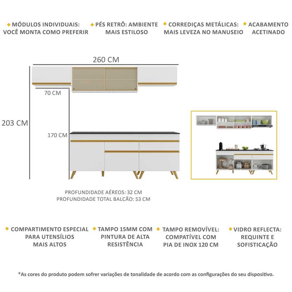 Armário de Cozinha Completa 260cm Veneza Multimóveis V3710 Branco/Dourado