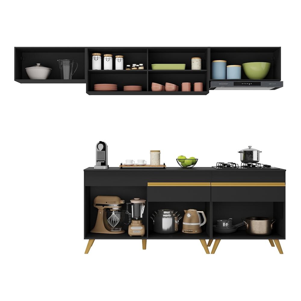 Armário de Cozinha Completa 260cm Veneza Multimóveis V3710 Preto/Dourado