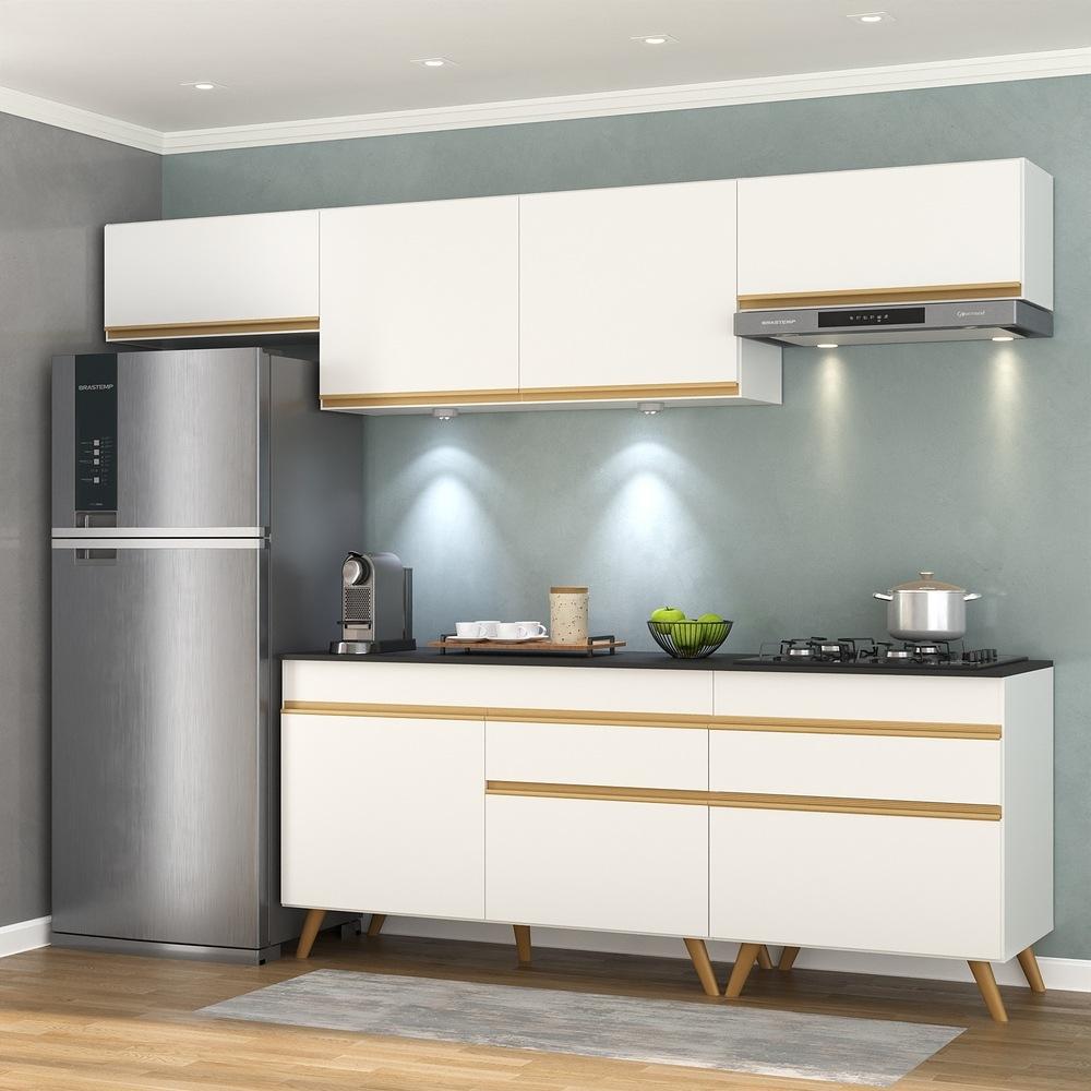 Armário de Cozinha Completa 260cm com Leds Veneza Up Multimóveis V2032 Branco/Dourado