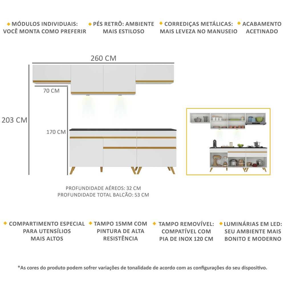 Armário de Cozinha Completa 260cm com Leds Veneza Up Multimóveis V2032 Branco/Dourado