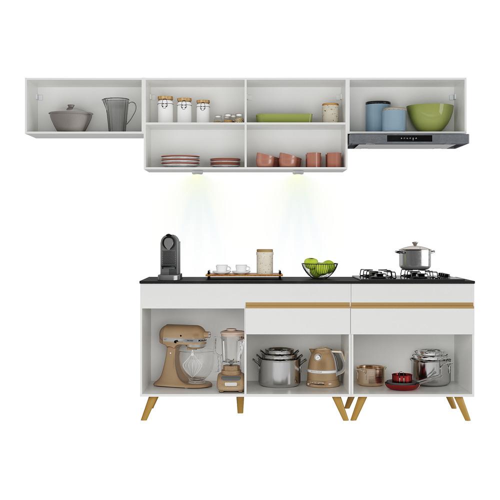 Armário de Cozinha Completa 260cm com Leds Veneza Up Multimóveis V2032 Branco/Dourado
