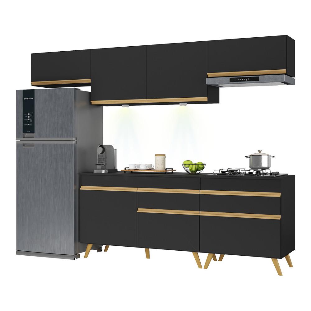 Armário de Cozinha Completa 260cm com Leds Veneza Up Multimóveis V2032 Preto/Dourado