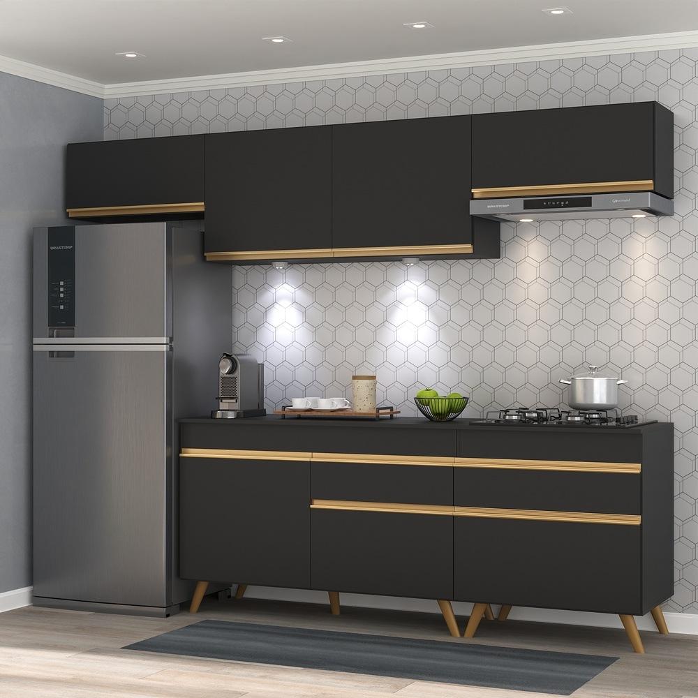 Armário de Cozinha Completa 260cm com Leds Veneza Up Multimóveis V2032 Preto/Dourado