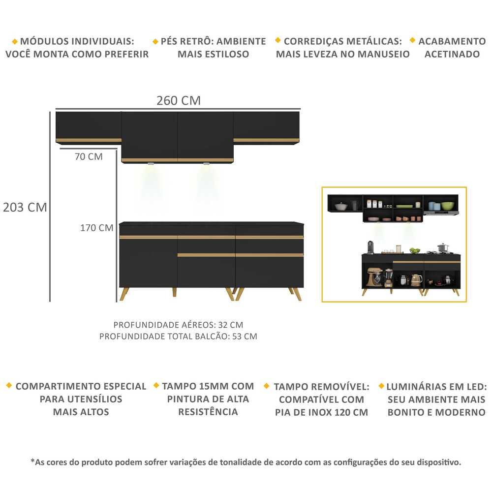 Armário de Cozinha Completa 260cm com Leds Veneza Up Multimóveis V2032 Preto/Dourado