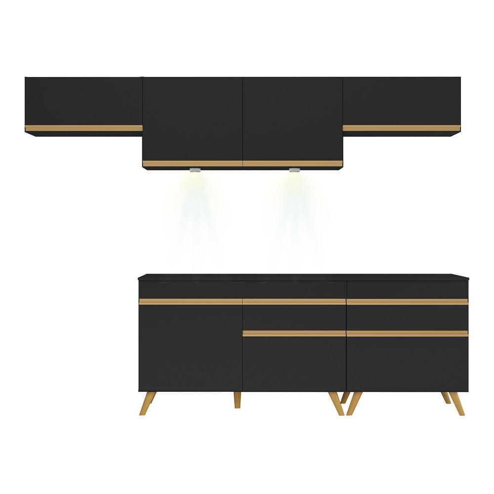 Armário de Cozinha Completa 260cm com Leds Veneza Up Multimóveis V2032 Preto/Dourado