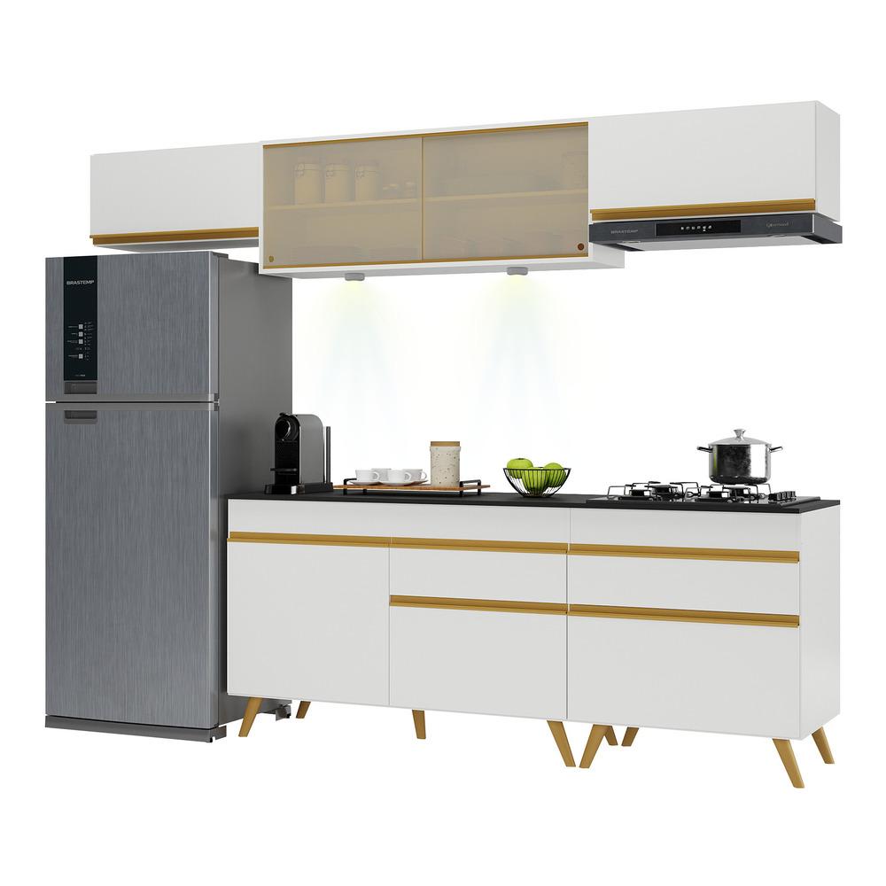 Armário de Cozinha Completa 260cm com Leds Veneza Up Multimóveis V2033 Branco/Dourado