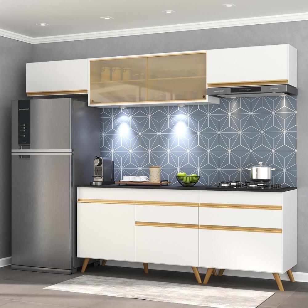 Armário de Cozinha Completa 260cm com Leds Veneza Up Multimóveis V2033 Branco/Dourado