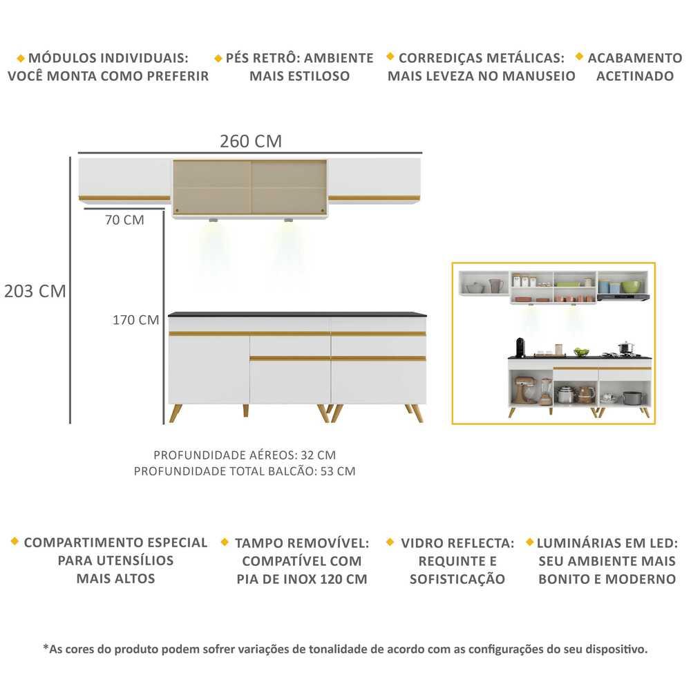 Armário de Cozinha Completa 260cm com Leds Veneza Up Multimóveis V2033 Branco/Dourado