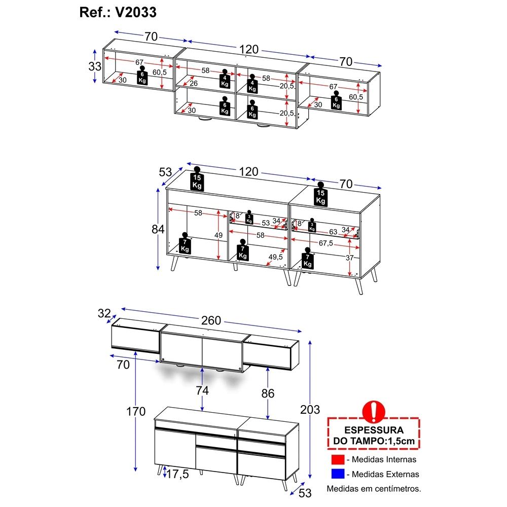 Armário de Cozinha Completa 260cm com Leds Veneza Up Multimóveis V2033 Branco/Dourado