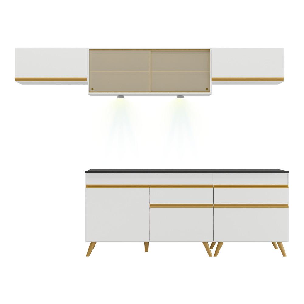 Armário de Cozinha Completa 260cm com Leds Veneza Up Multimóveis V2033 Branco/Dourado