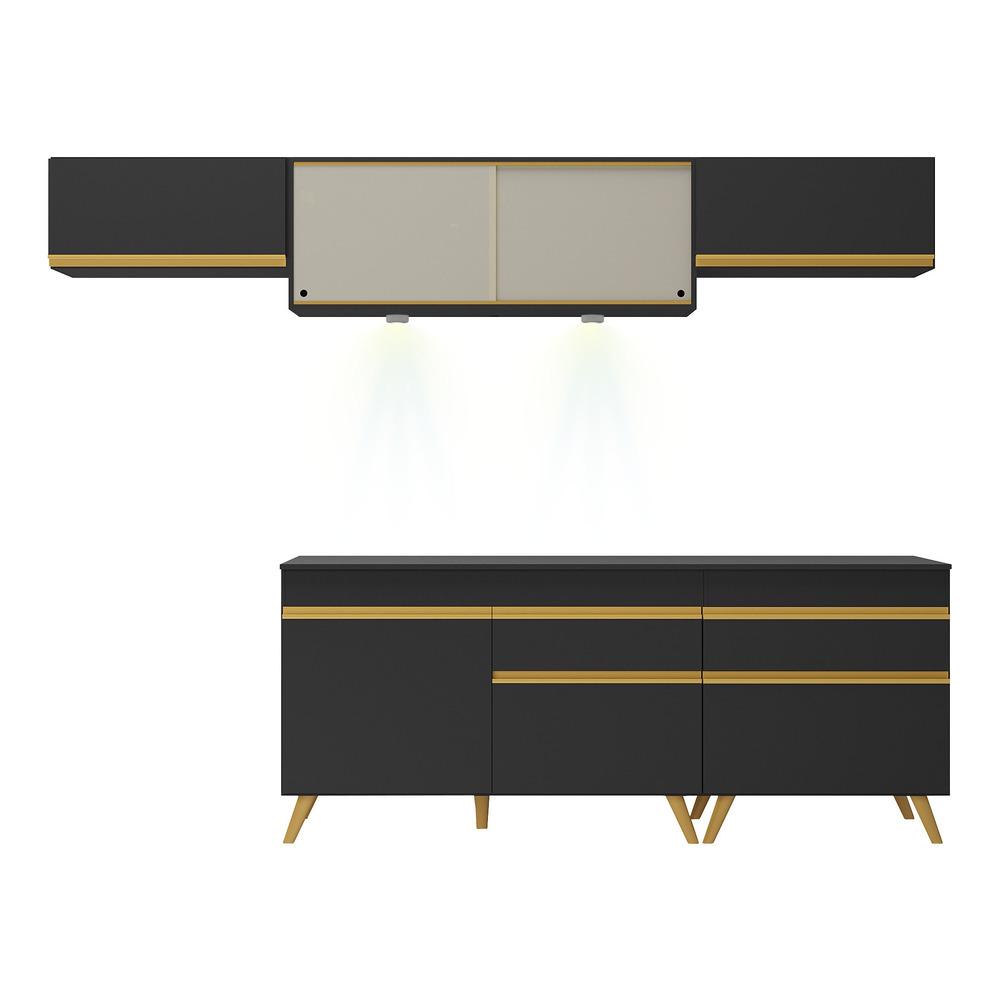 Armário de Cozinha Completa 260cm com Leds Veneza Up Multimóveis V2033 Preto/Dourado