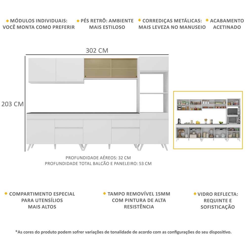 Armário de Cozinha Completa 302cm Veneza Multimóveis V3689 Branco