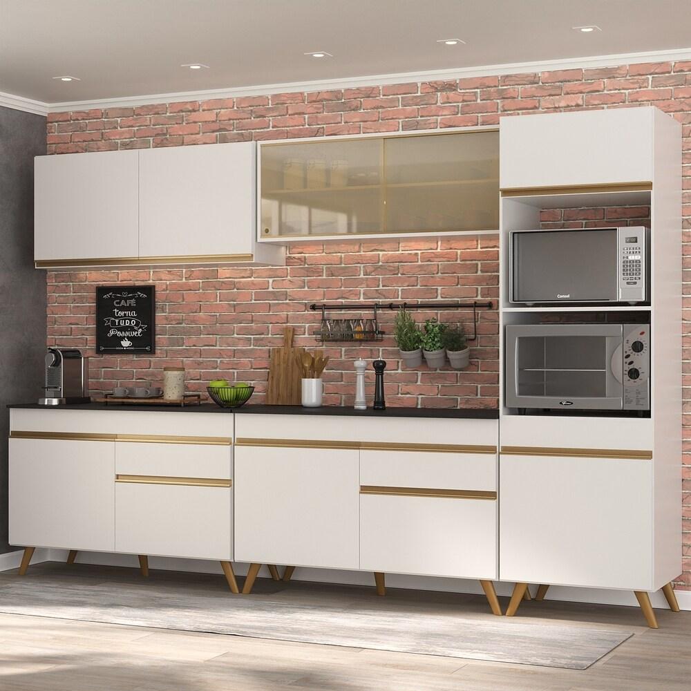 Armário de Cozinha Completa 302cm Veneza Multimóveis V3689 Branco/Dourado