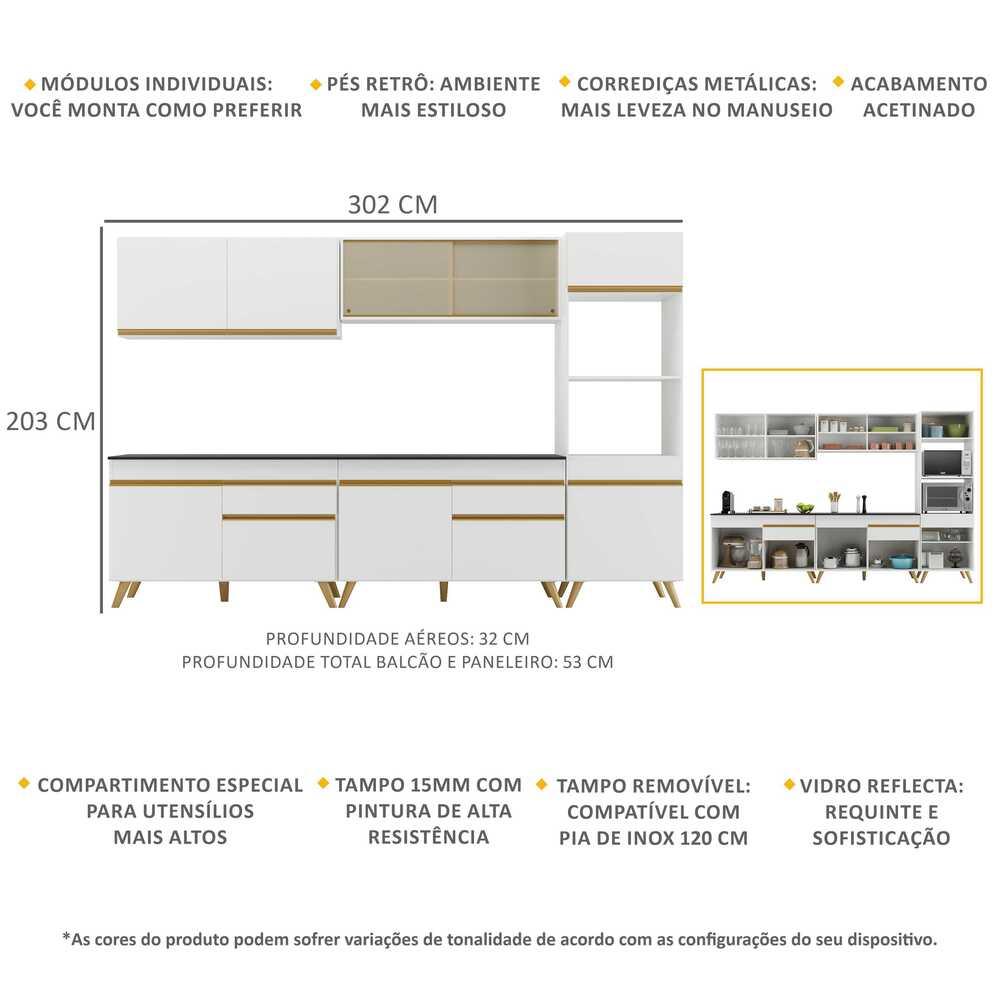 Armário de Cozinha Completa 302cm Veneza Multimóveis V3689 Branco/Dourado