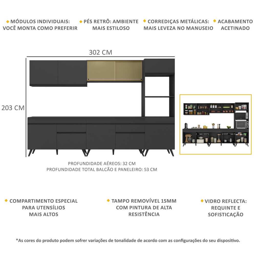 Armário de Cozinha Completa 302cm Veneza Multimóveis V3689 Preto