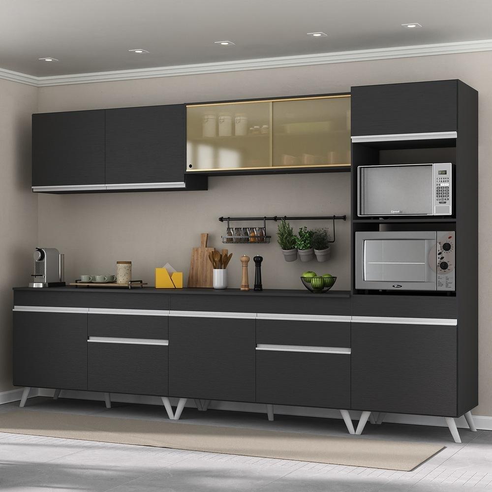 Armário de Cozinha Completa 302cm Veneza Multimóveis V3689 Preto/Branco