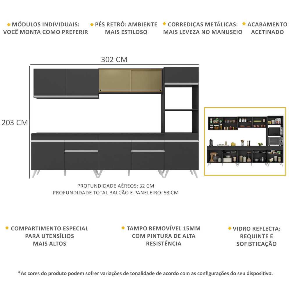 Armário de Cozinha Completa 302cm Veneza Multimóveis V3689 Preto/Branco