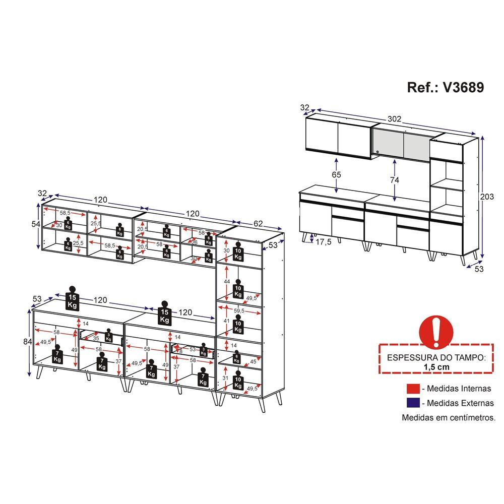 Armário de Cozinha Completa 302cm Veneza Multimóveis V3689 Preto/Branco