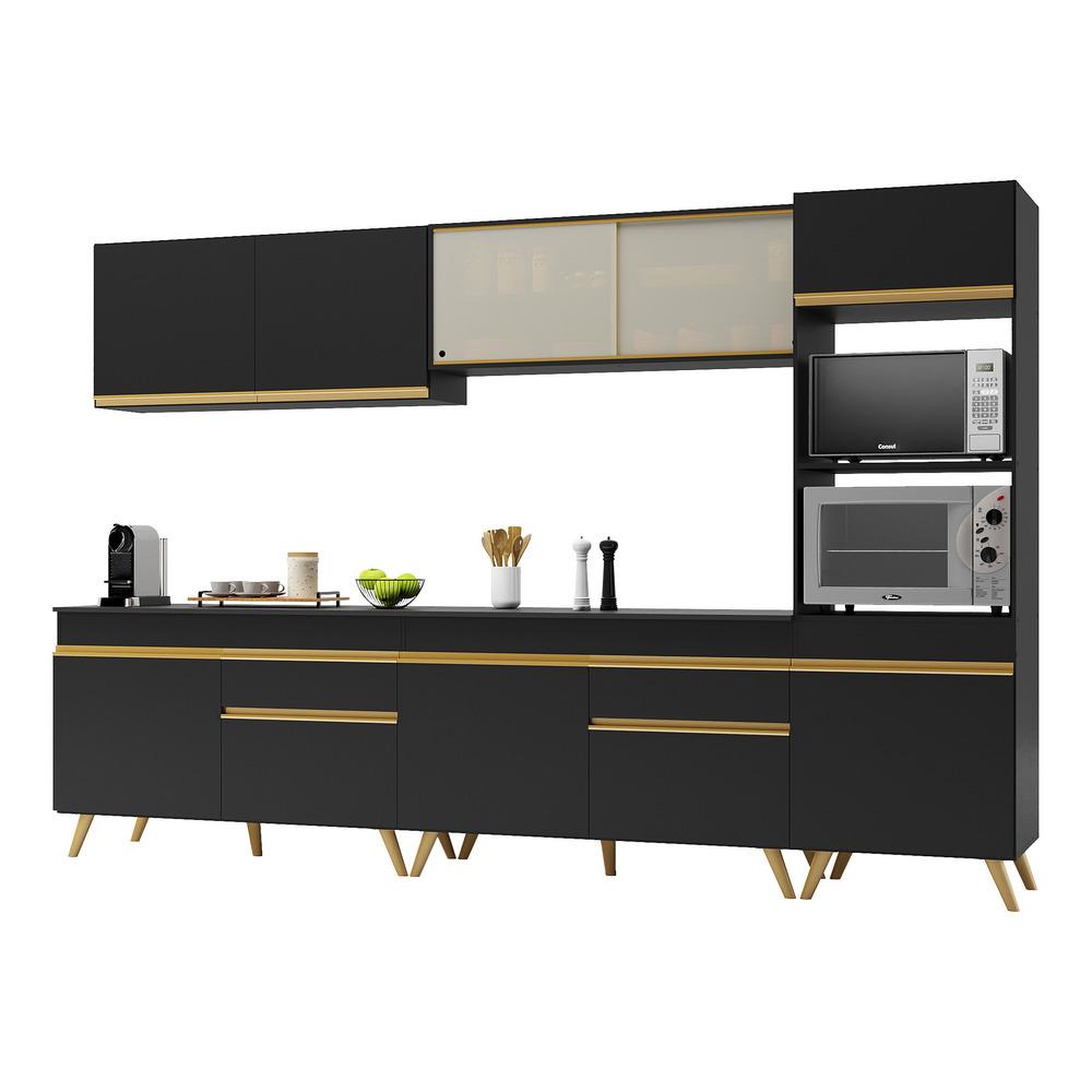 Armário de Cozinha Completa 302cm Veneza Multimóveis V3689 Preto/Dourado