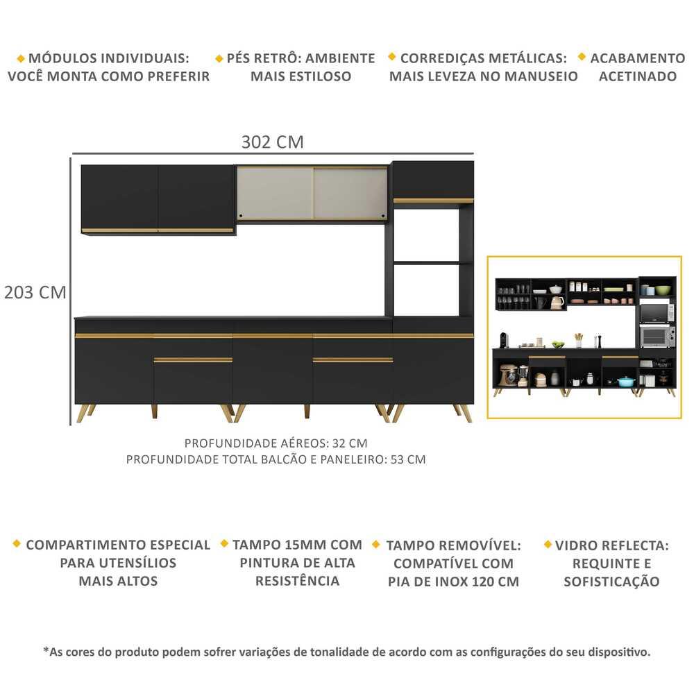 Armário de Cozinha Completa 302cm Veneza Multimóveis V3689 Preto/Dourado