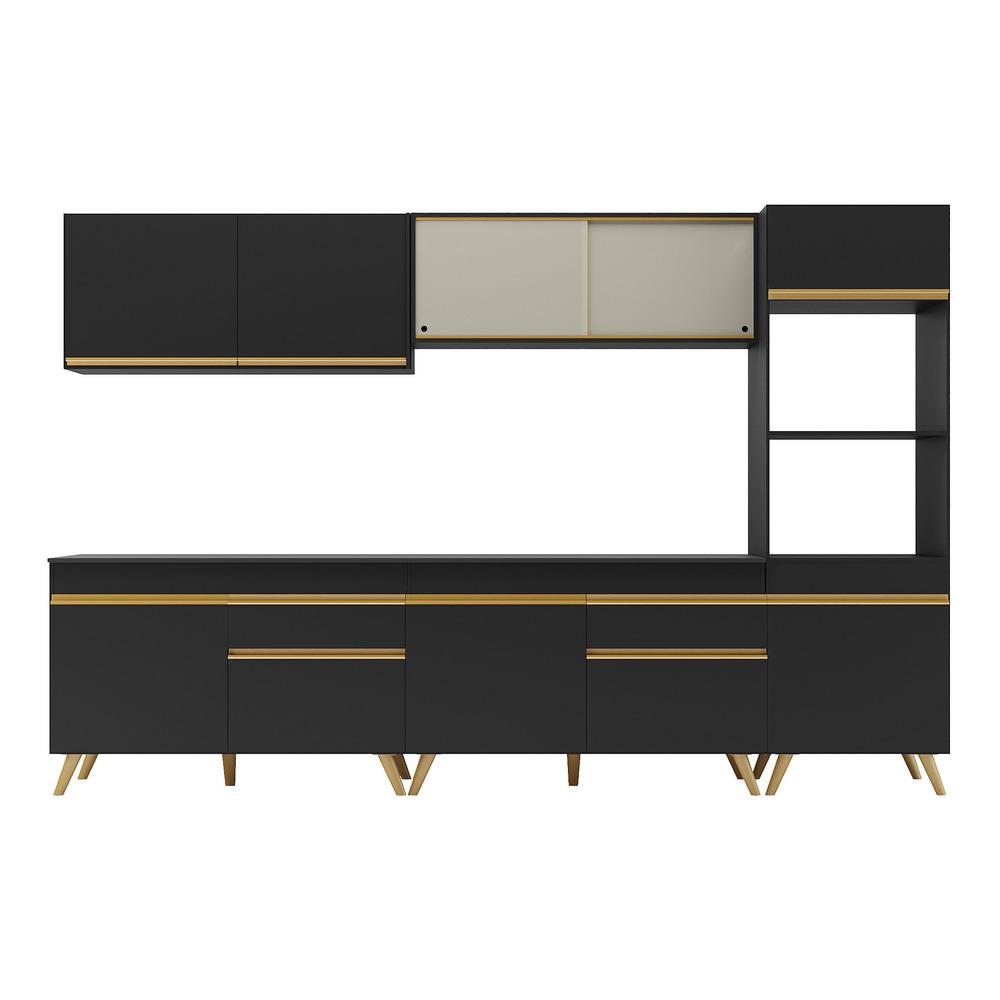 Armário de Cozinha Completa 302cm Veneza Multimóveis V3689 Preto/Dourado