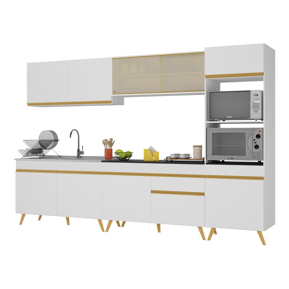 Armário de Cozinha Completa 302cm Veneza Multimóveis V3750 Branco/Dourado