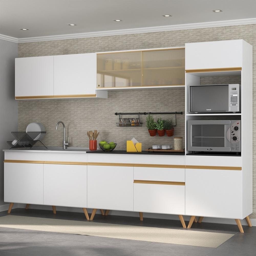 Armário de Cozinha Completa 302cm Veneza Multimóveis V3750 Branco/Dourado