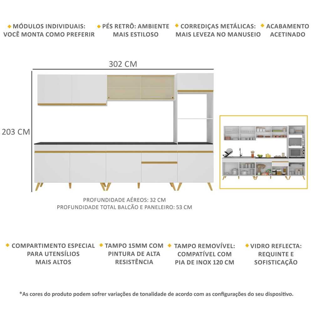 Armário de Cozinha Completa 302cm Veneza Multimóveis V3750 Branco/Dourado
