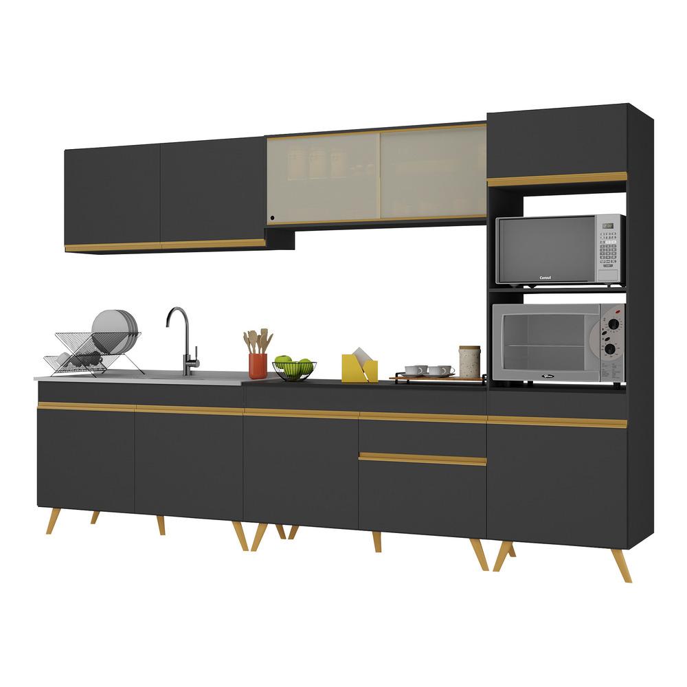 Armário de Cozinha Completa 302cm Veneza Multimóveis V3750 Preto/Dourado