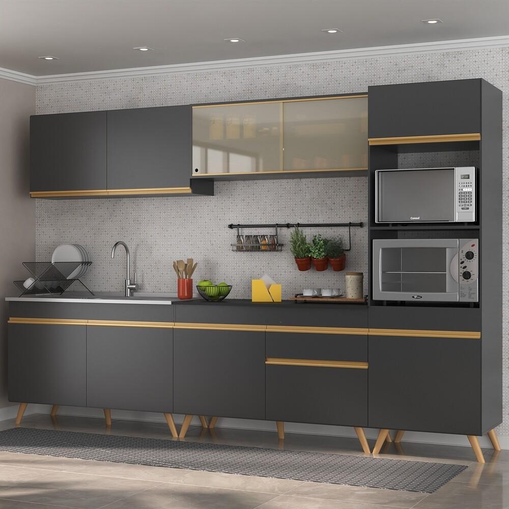 Armário de Cozinha Completa 302cm Veneza Multimóveis V3750 Preto/Dourado