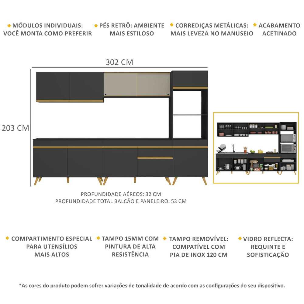 Armário de Cozinha Completa 302cm Veneza Multimóveis V3750 Preto/Dourado