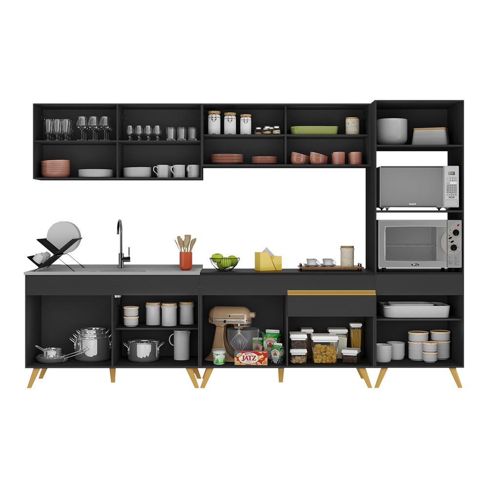 Armário de Cozinha Completa 302cm Veneza Multimóveis V3750 Preto/Dourado