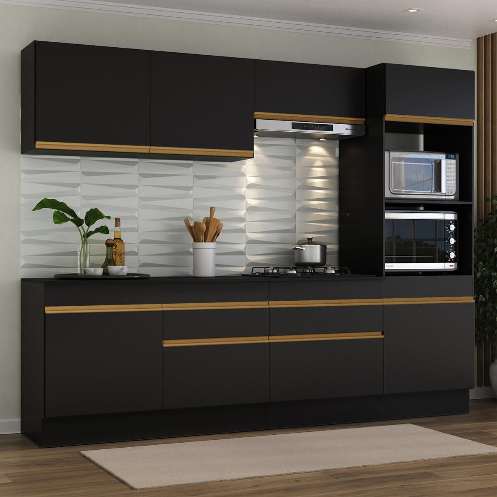 Armário de Cozinha Completa 5 peças com Rodapé MP2180 Made Multimóveis Preto/Dourado