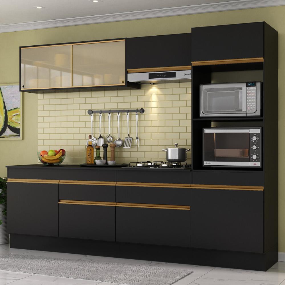 Armário de Cozinha Completa 5 peças com Rodapé MP2181 Made Multimóveis Preto/Dourado
