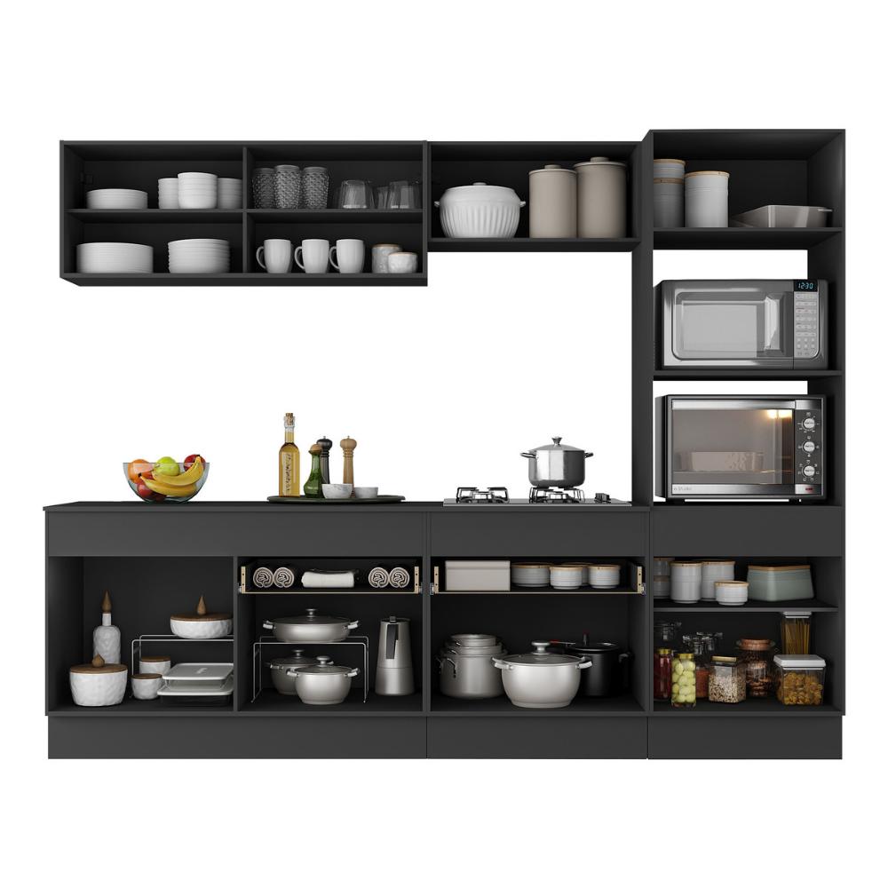 Armário de Cozinha Completa 5 peças com Rodapé MP2181 Made Multimóveis Preto/Dourado