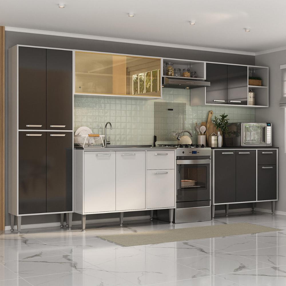 Armário de Cozinha Completa 6 Pçs com Balcão Gabinete Siena Multimóveis MP2243 Branco/Preto
