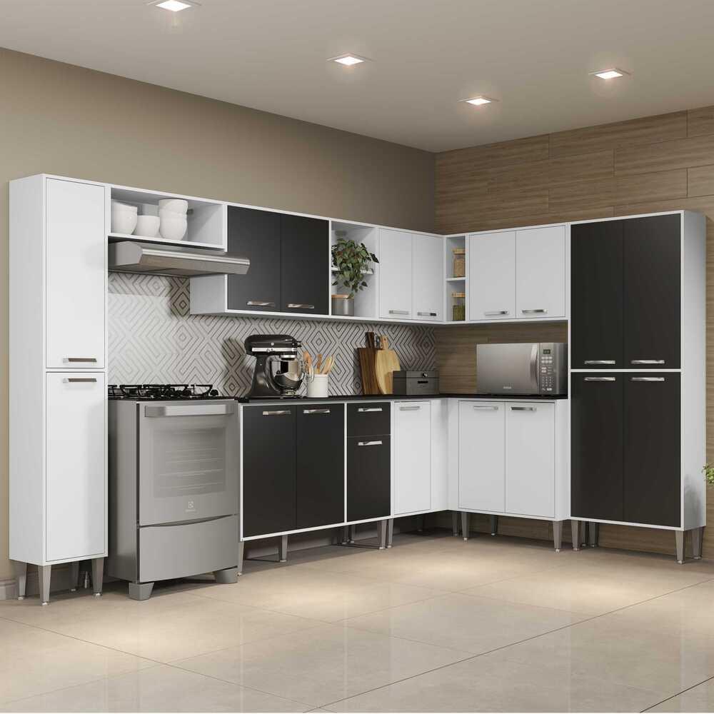 Armário de Cozinha Completa 9 peças Xangai Rock Multimóveis Branco/Preto