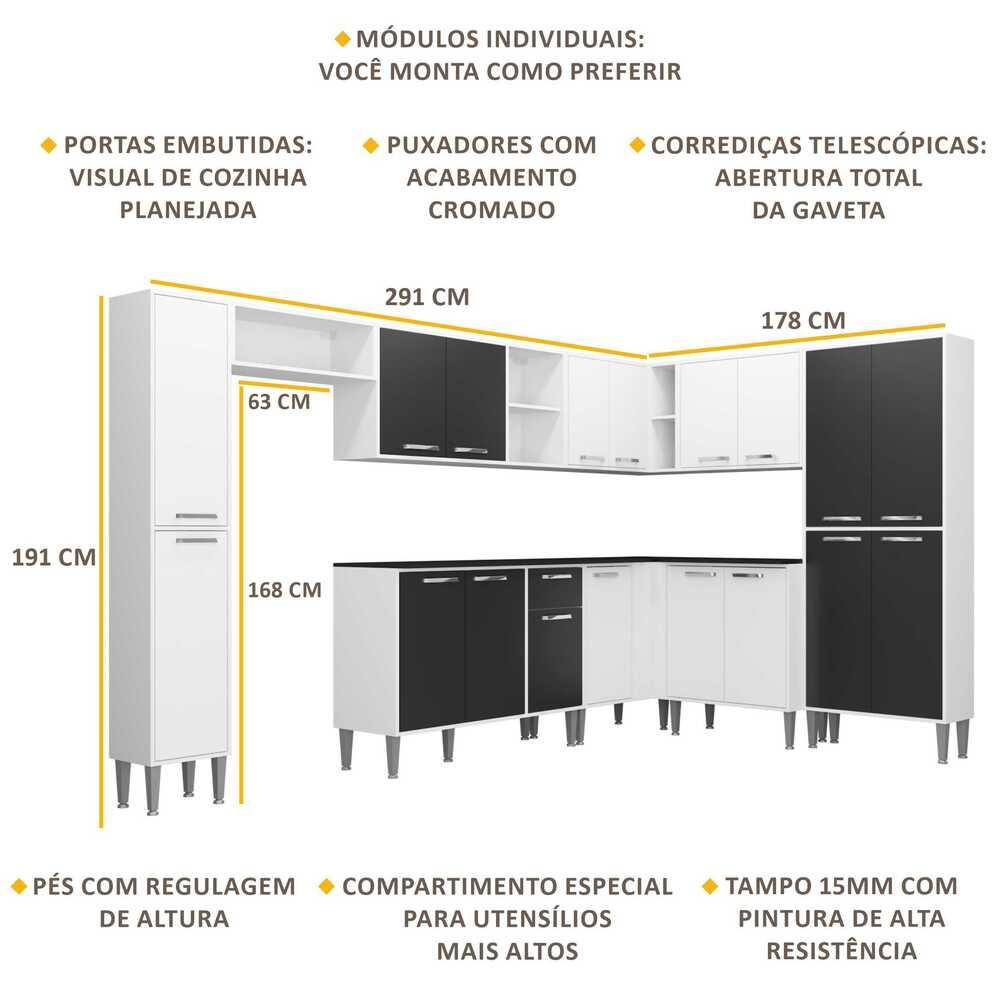 Armário de Cozinha Completa 9 peças Xangai Rock Multimóveis Branco/Preto