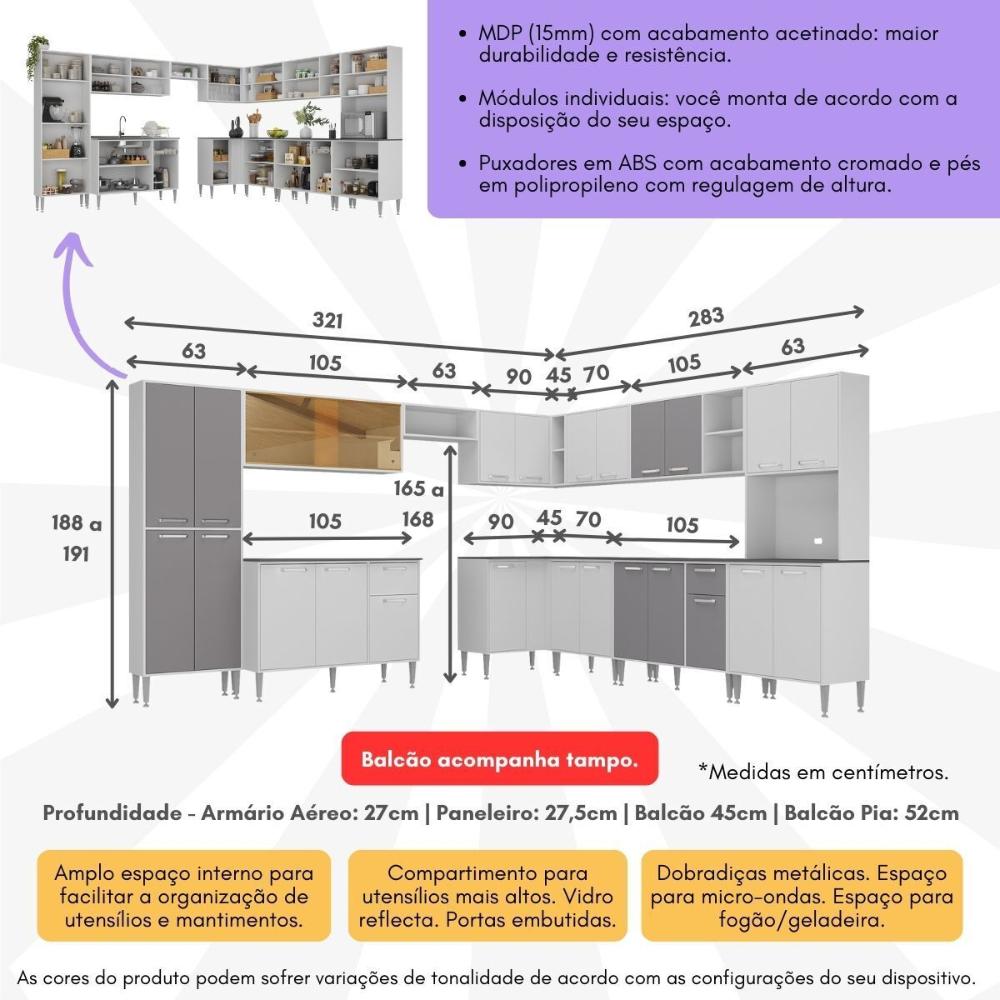 Armário de Cozinha Completa Modulada 11 Pçs Siena Multimóveis MP2241 Branco/Lacca Fumê