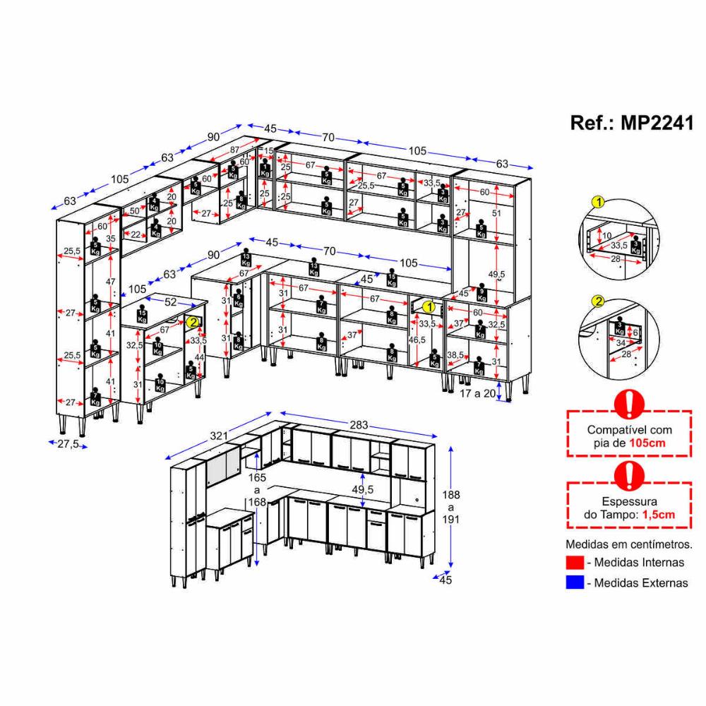 Armário de Cozinha Completa Modulada 11 Pçs Siena Multimóveis MP2241 Branco/Lacca Fumê