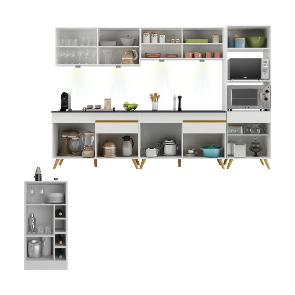 Armário de Cozinha Completa com Bancada Americana Veneza Multimóveis MP2199 Branco/Dourado