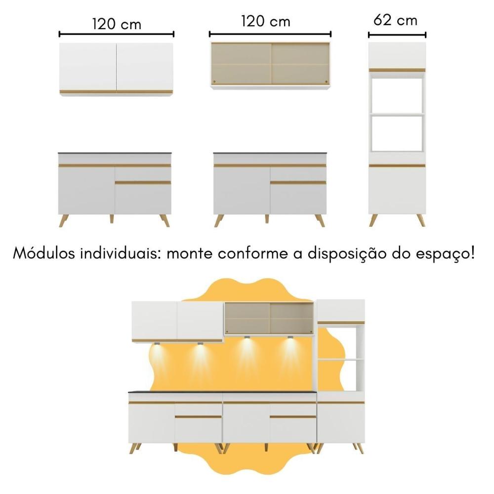 Armário de Cozinha Completa com Bancada Americana Veneza Multimóveis MP2199 Branco/Dourado
