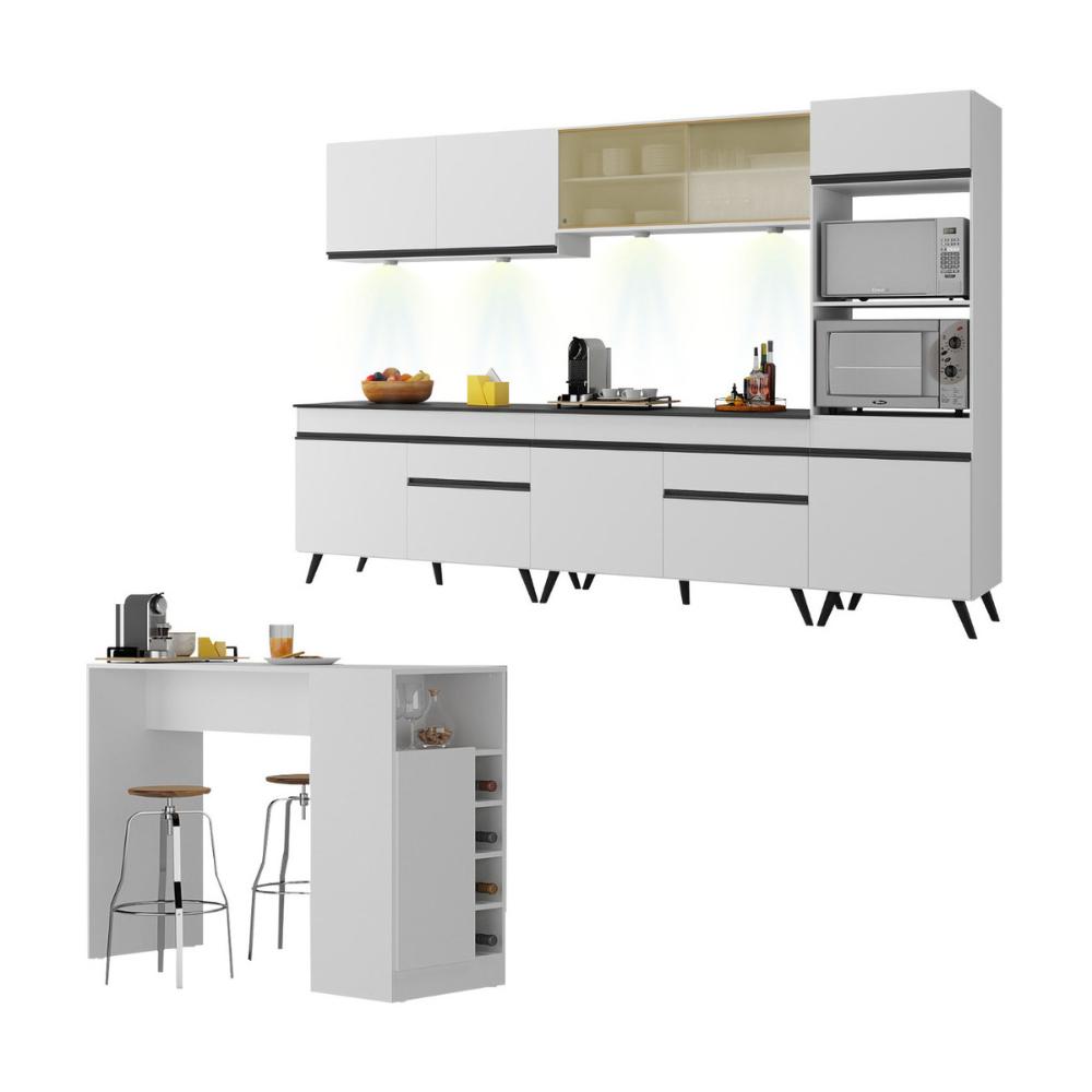 Armário de Cozinha Completa com Bancada Americana Veneza Multimóveis MP2199 Branco/Preto