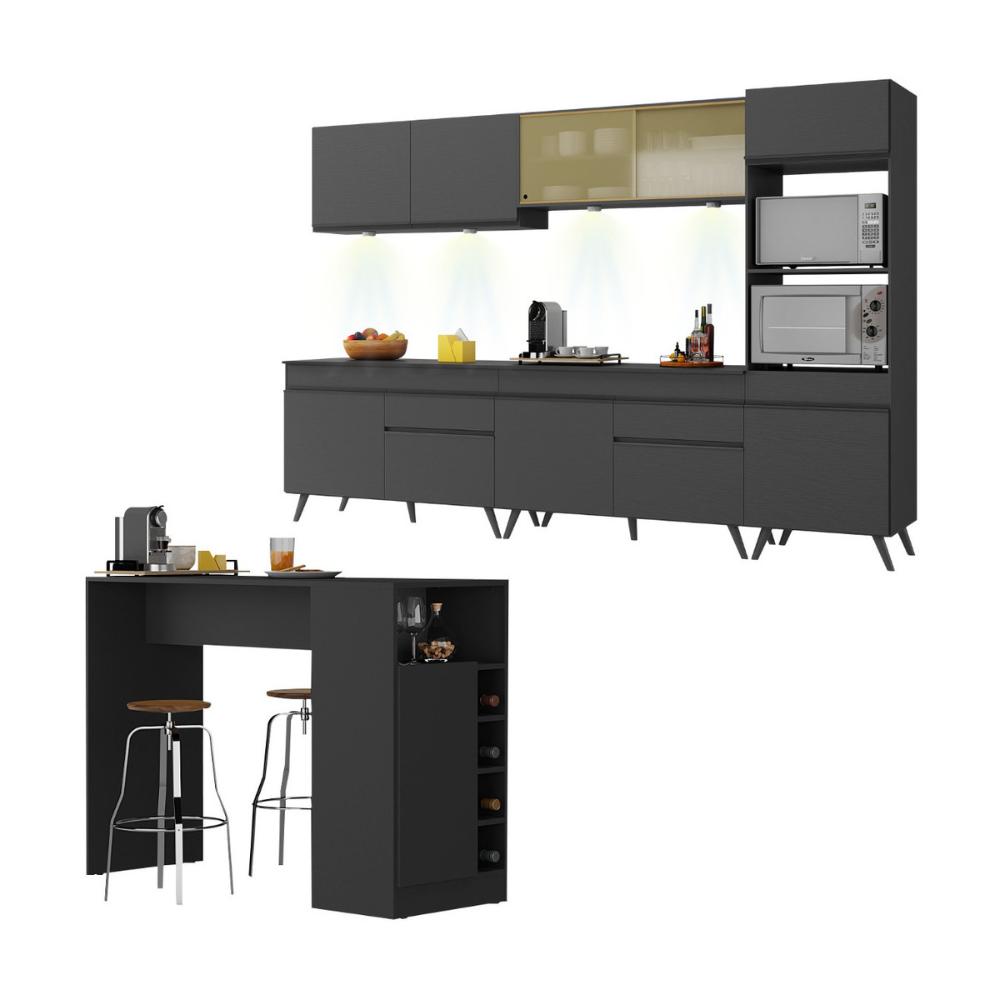 Armário de Cozinha Completa com Bancada Americana Veneza Multimóveis MP2199 Preto