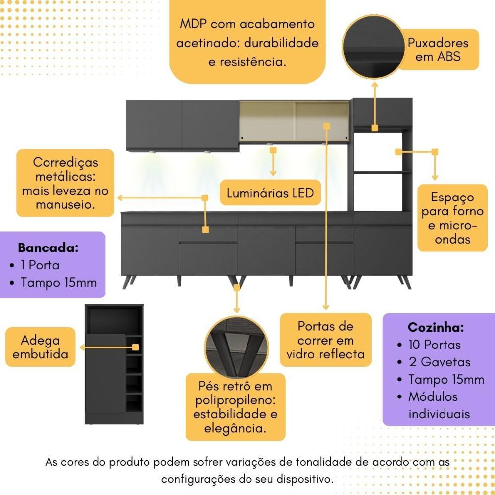 Armário de Cozinha Completa com Bancada Americana Veneza Multimóveis MP2199 Preto
