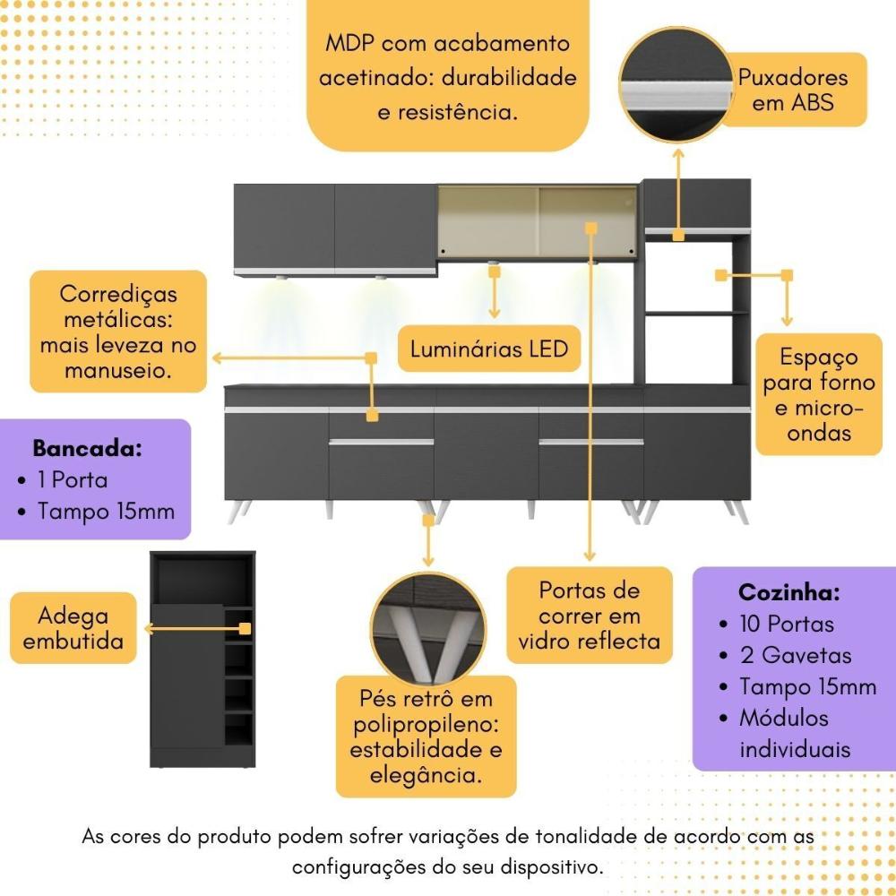 Armário de Cozinha Completa com Bancada Americana Veneza Multimóveis MP2199 Preto/Branco