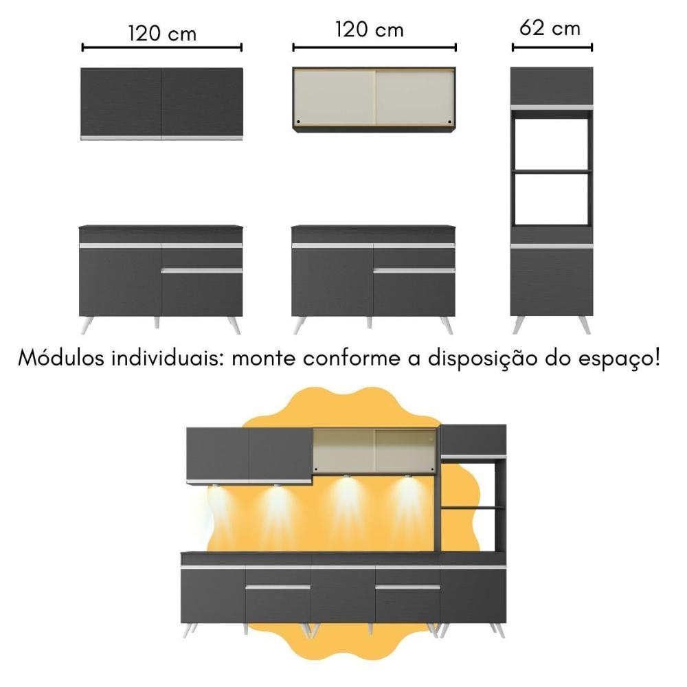 Armário de Cozinha Completa com Bancada Americana Veneza Multimóveis MP2199 Preto/Branco