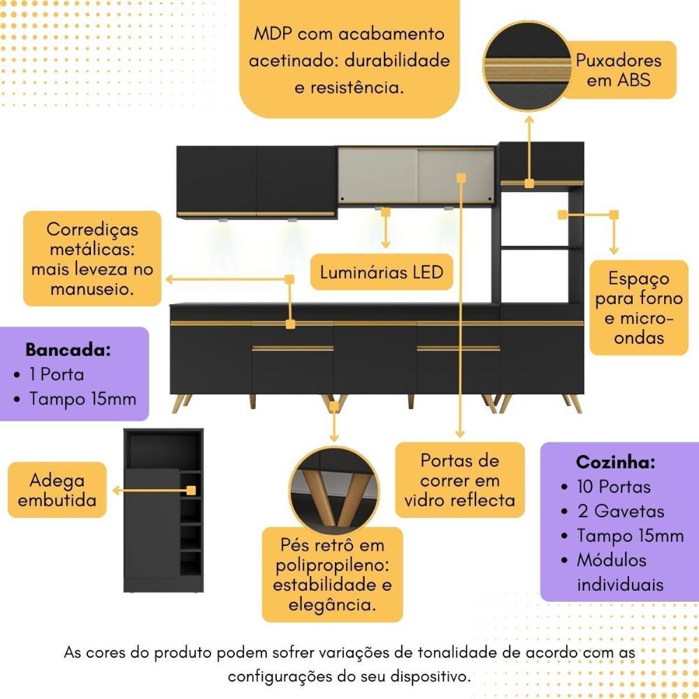 Armário de Cozinha Completa com Bancada Americana Veneza Multimóveis MP2199 Preto/Dourado