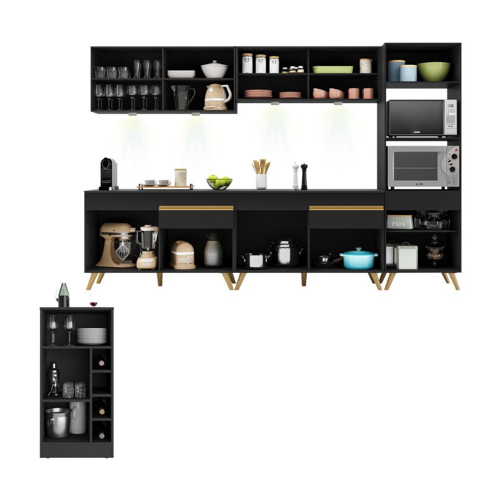 Armário de Cozinha Completa com Bancada Americana Veneza Multimóveis MP2199 Preto/Dourado