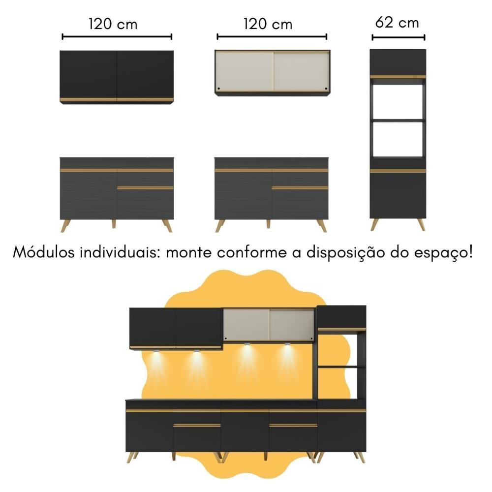 Armário de Cozinha Completa com Bancada Americana Veneza Multimóveis MP2199 Preto/Dourado